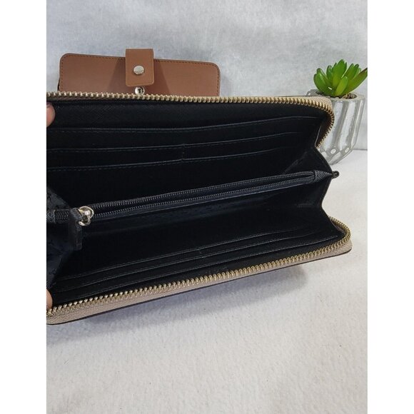 Lot Of 2 Women's Wallet DKNY Beige Logo Print Mundi Brown Leather Card Slots - Picture 5 of 10